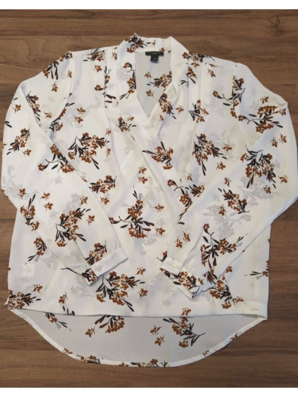 Ann Taylor Faux Wrap Chiffon Blouse White Brown Floral Pleated Shawl V-Neck
